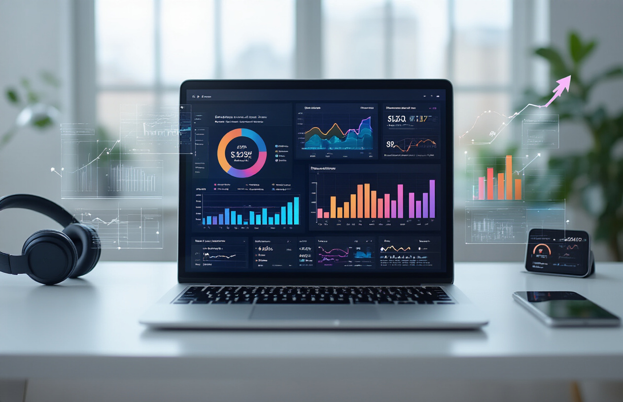 Create a realistic image of a modern, minimalist office workspace with a sleek laptop displaying colorful digital advertising analytics dashboards and graphs on the screen, surrounded by floating holographic data visualizations and trend arrows pointing upward, with soft natural lighting coming through large windows, a clean white desk surface, and subtle tech elements like wireless headphones and a smartphone nearby, conveying innovation and forward-thinking digital marketing success. Absolutely NO text should be in the scene.